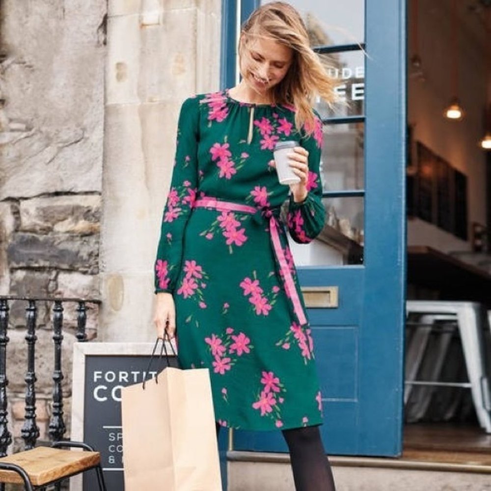 Boden Emerald Green Dress with Pink Floral Print